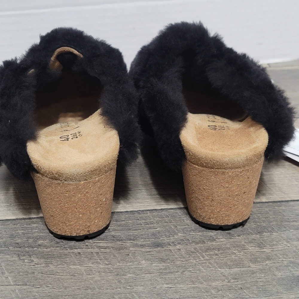 Papillio Birkenstock Fanny Teddy Wedge Mule Black Shearling Sherpa Sz 40/US Sz 9 - Picture 3 of 12